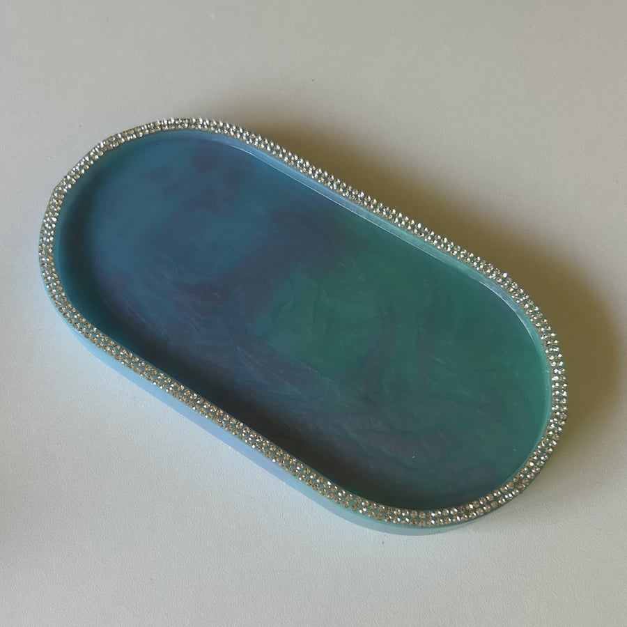 Perfectly Imperfect Resin Oblong Trinket Tray Green, Blue Pink Embellishments T2