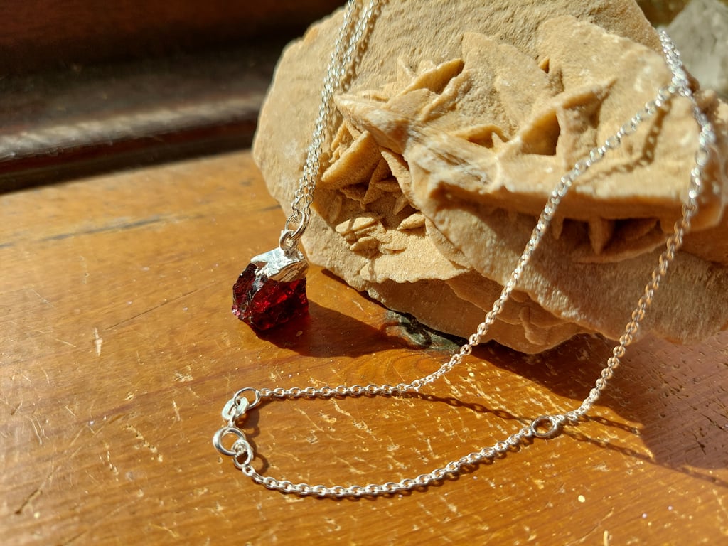 Raw Garnet Crystal and Sterling Silver Necklace - January Birthstone