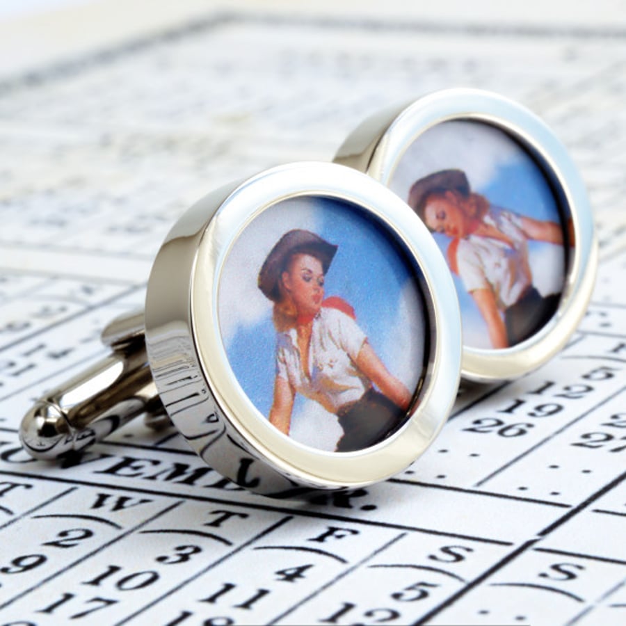 Pinup Cufflinks of an American Cowgirl, 1950s Kitch and Fun Cufflinks