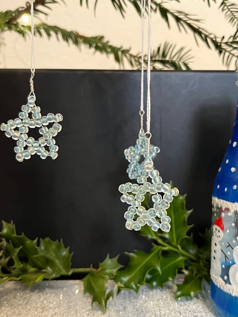 3 Beaded Ice Blue Stars Decorations 