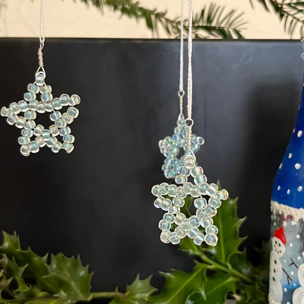3 Beaded Ice Blue Stars Decorations 