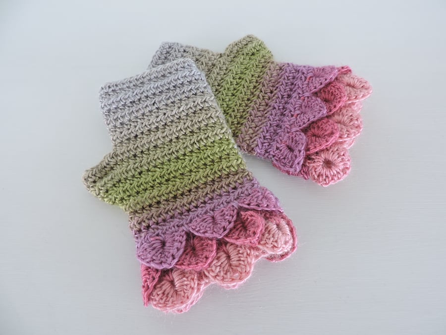 Fingerless Mitts with Dragon Scale Pink Green and Grey 100% Acrylic