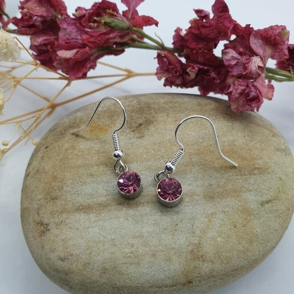 sweet little silver plated earrings with mini pink  glass pendants