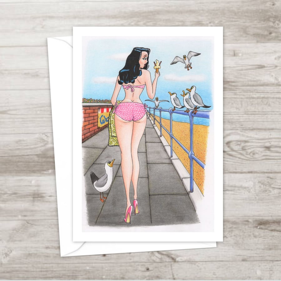 Seaside Holiday Greetings Card: Retro Postcard Style Illustration (808)