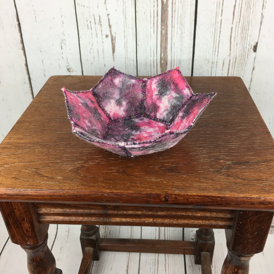 Nuno felted textile pentagon bowl, trinket dish, coin tray, pink and black