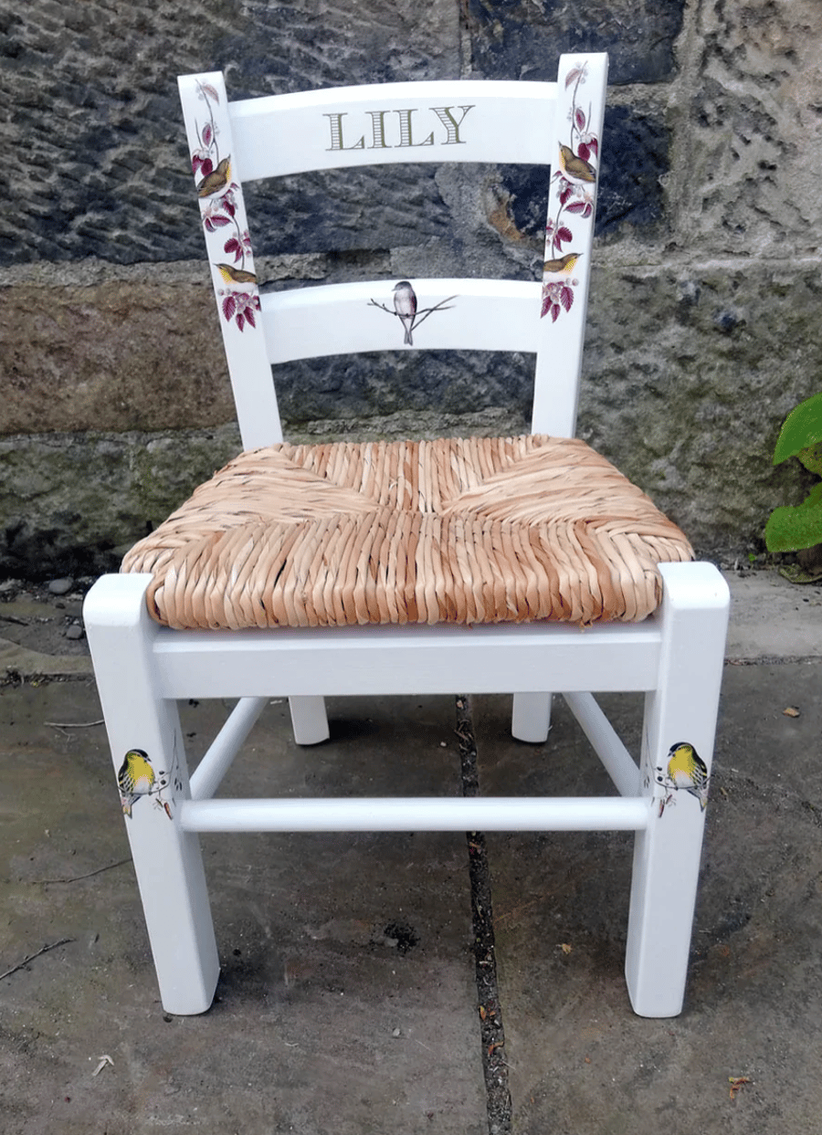 Rush seat personalised child's chair - birds on branches theme - made to order
