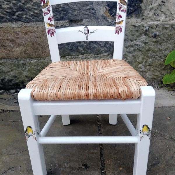 Rush seat personalised child's chair - birds on branches theme - made to order