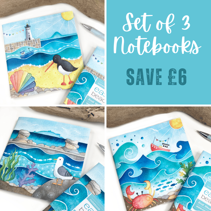 Seaside Notebooks (Set of 3) Seagull, Crab, Boa... - Folksy