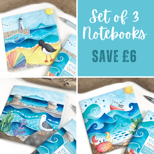 Seaside Notebooks (Set of 3) Seagull, Crab, Boat, Oystercatcher Lined Notepads