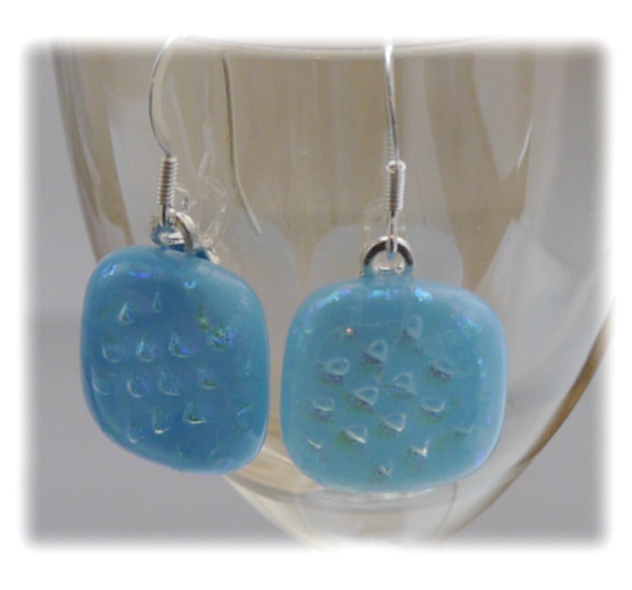 Handmade Fused Dichroic Glass Earrings 184 Turquoise Chequered 