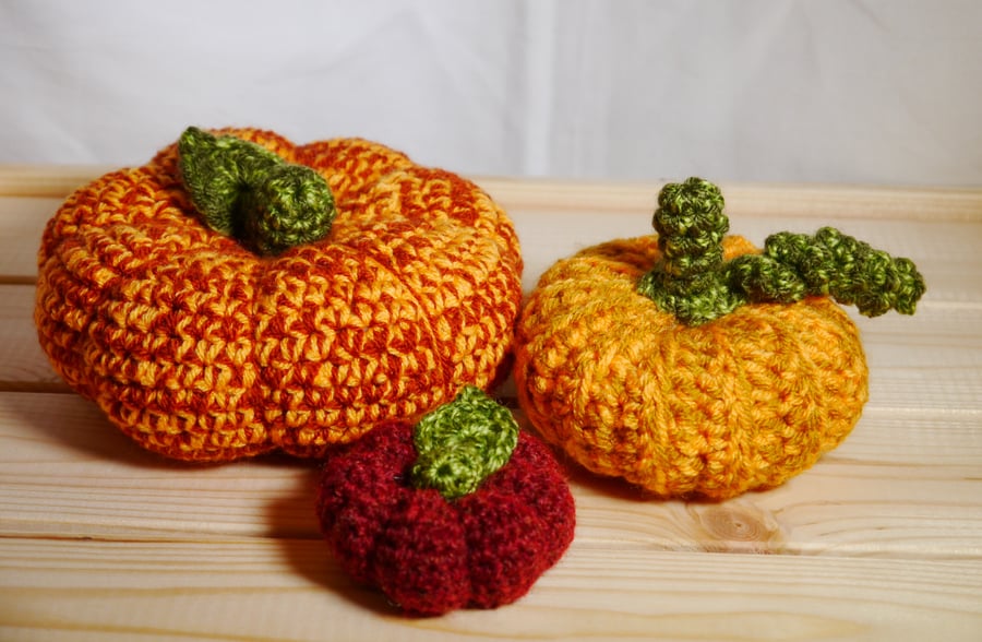 Trio of Crochet Pumpkins cosy orange theme