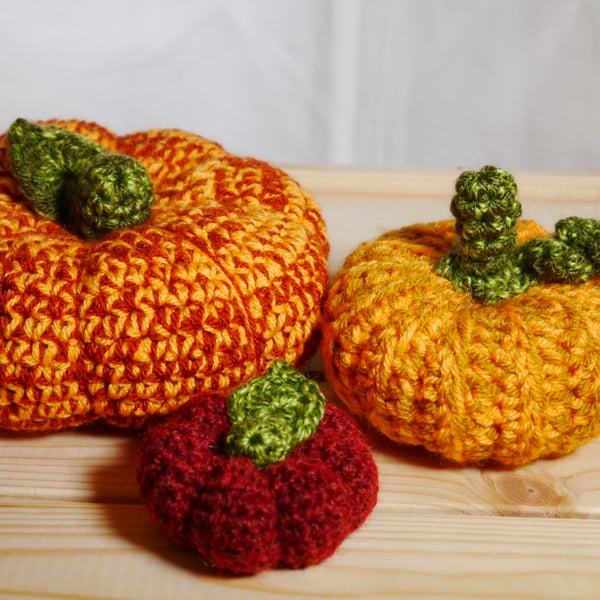 Trio of Crochet Pumpkins cosy orange theme