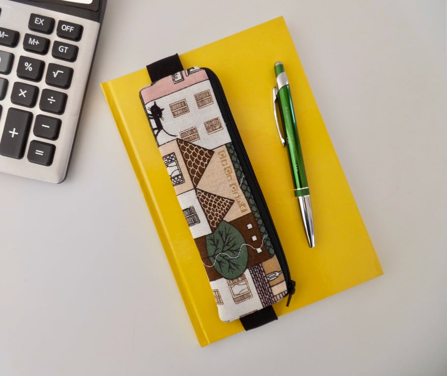 Elasticated pencil case for cover of notebook black cats fabric