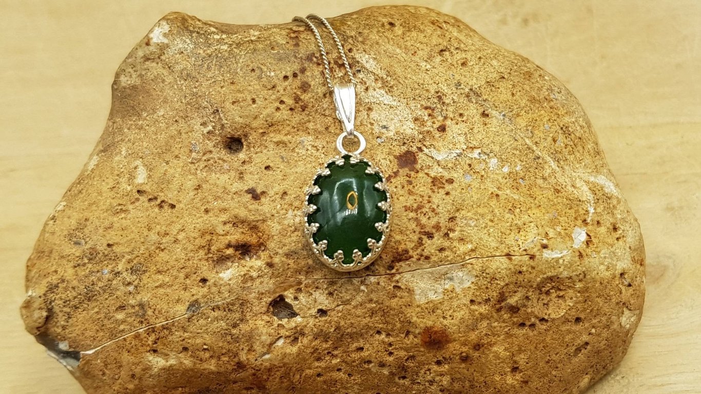 Small Nephrite Jade pendant. 925 sterling silver crown edge. Reiki Charged