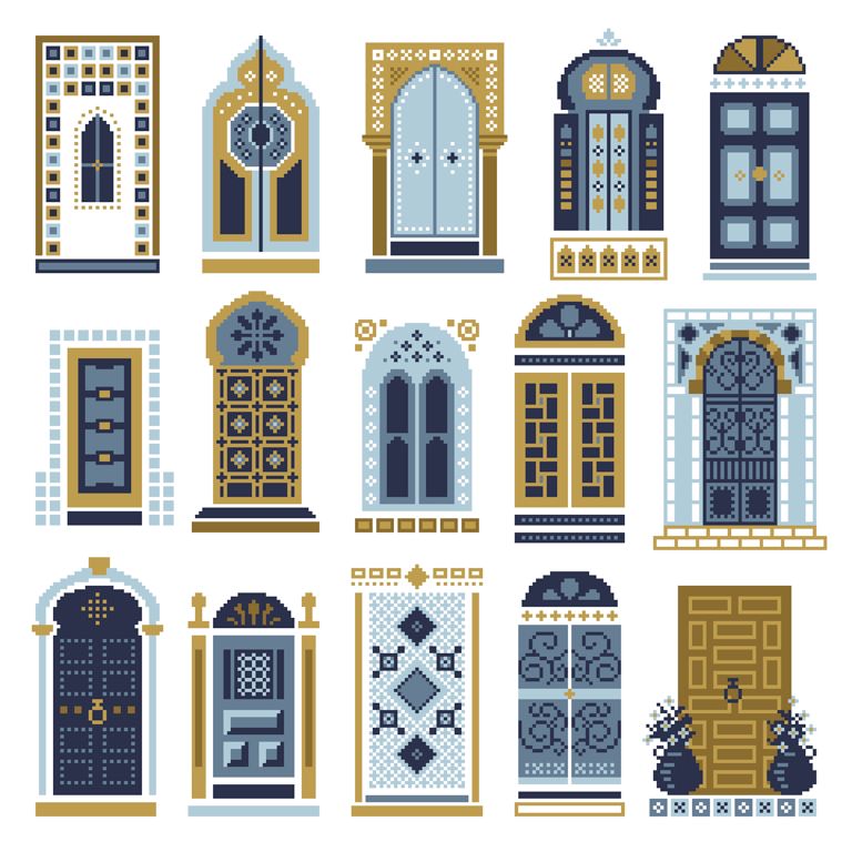 265A - Blue Moroccan Doors Cross Stitch Pattern Ottoman Architecture (PDF Chart)