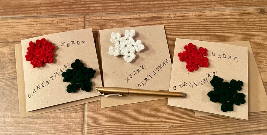 Set of 3 Christmas Cards, snowflake Cards, Crochet Card, Quirky Christmas