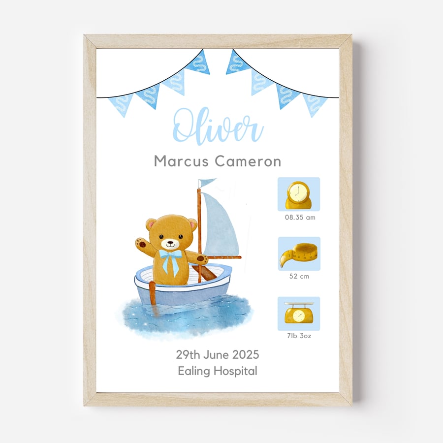 Teddy Bear in Boat Blue Nursery Wall Art Print with Babys Name and Birth Details