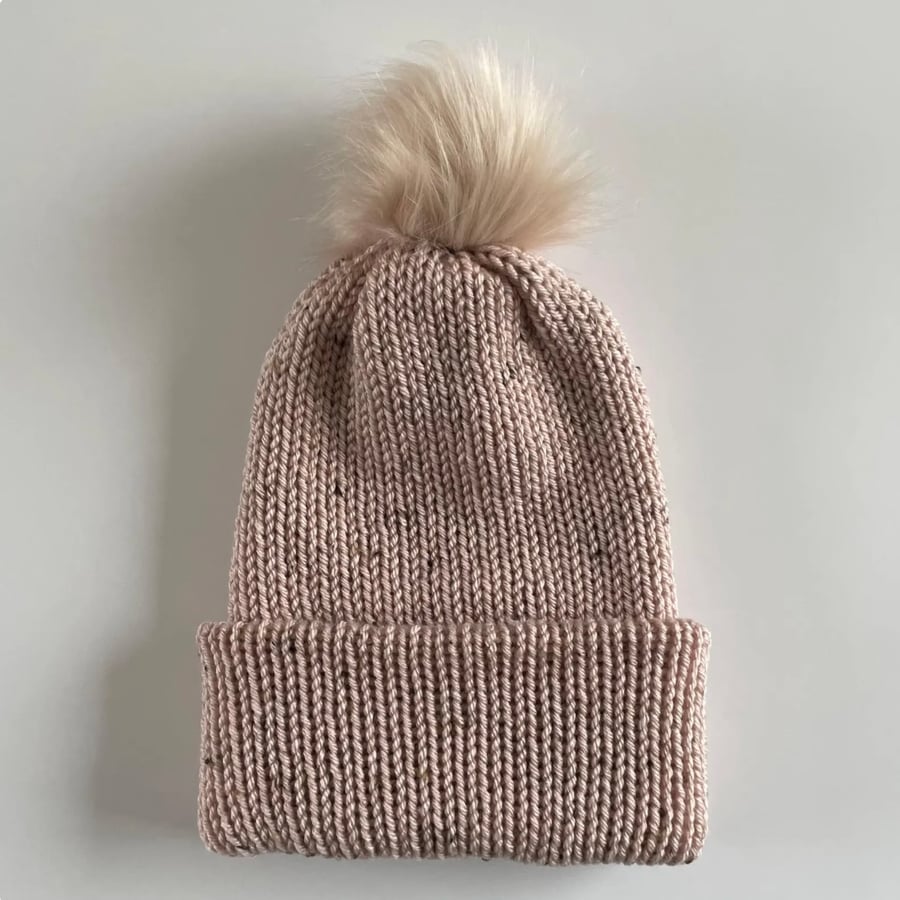 Wide Brim Pink Aran Hat with removable Pom Pom, FREE DELIVERY 