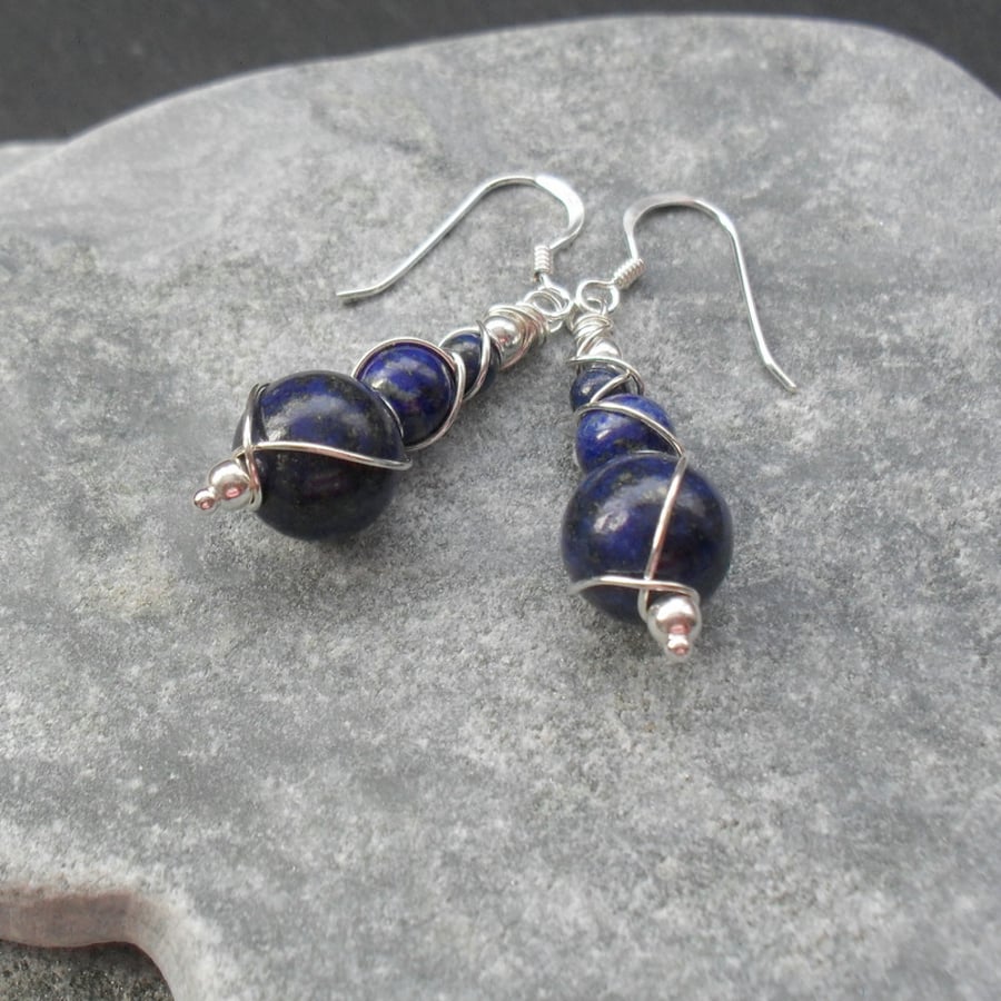Wire Wrapped Lapis Lazuli  Sterling Silver Drop Earrings
