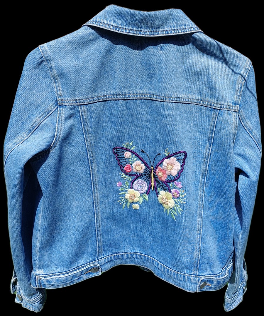Hand-Embroidered Denim Jacket, Butterfly Floral Design, Size 14