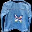 Hand-Embroidered Denim Jacket, Butterfly Floral Design, Size 14