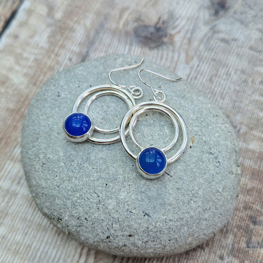 Sterling Silver Circle Earrings with Blue Agate Stones