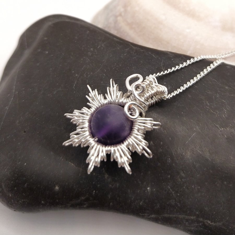Silver Sun Purple Amethyst Wire Wrapped Pendant Necklace 