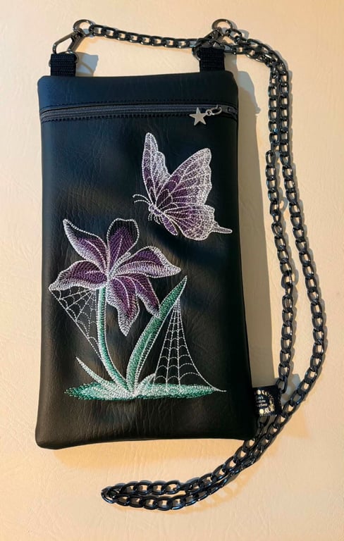 Embroidered Butterfly Crossbody Bag – Black Vinyl – Purple Butterfly & Flower 