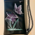 Embroidered Butterfly Crossbody Bag – Black Vinyl – Purple Butterfly & Flower 