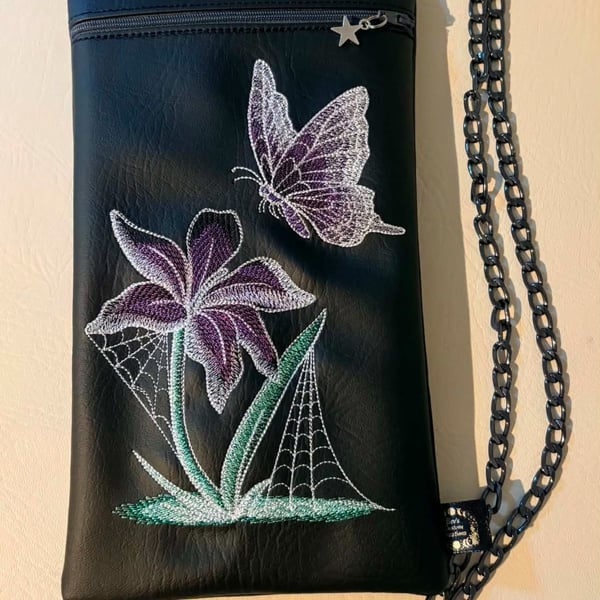 Embroidered Butterfly Crossbody Bag – Black Vinyl – Purple Butterfly & Flower 
