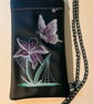 Embroidered Butterfly Crossbody Bag – Black Vinyl – Purple Butterfly & Flower 