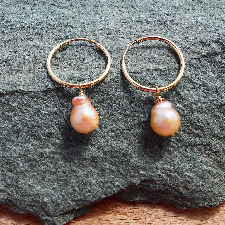 Peach Baroque Freshwater Pearls on 14k Gold Filled Hoops