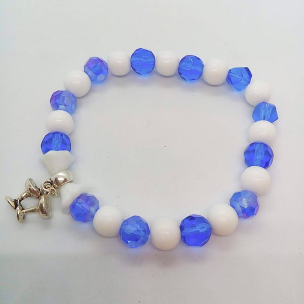 Blue and White Stretch Beaded Bracelet with Flower Beads and Silver Glass Charm