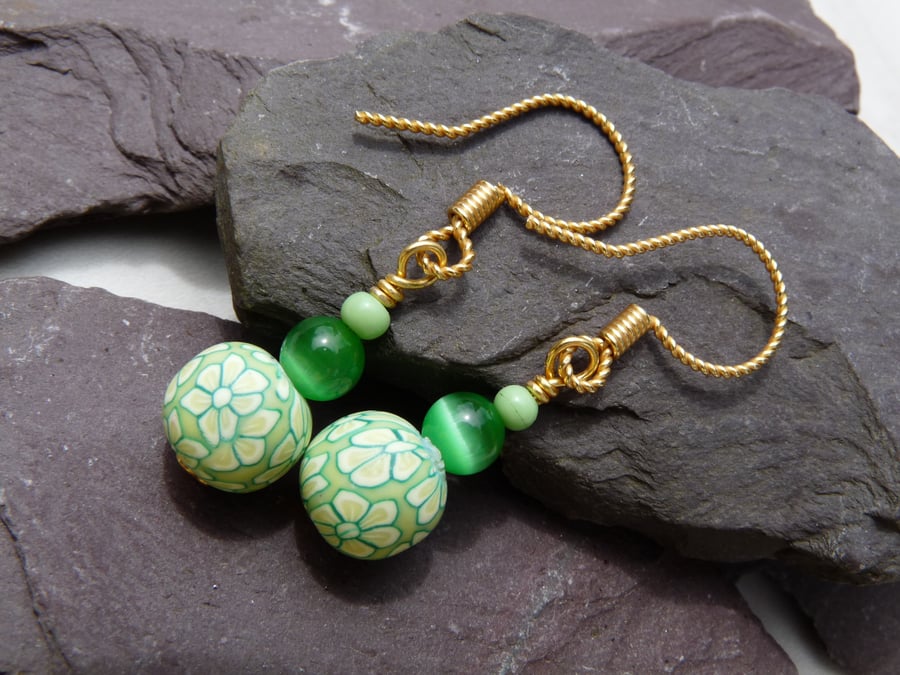 Green Flower Polymer Clay Beaded Earrings, Boho Festival Earrings 