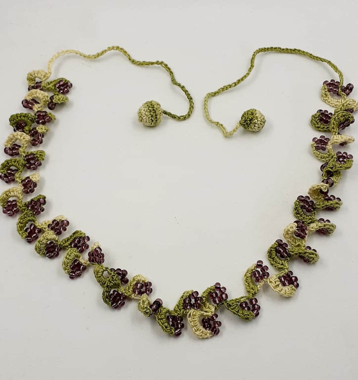 Crochet Cotton and Bead Necklace - Greens and Mauve