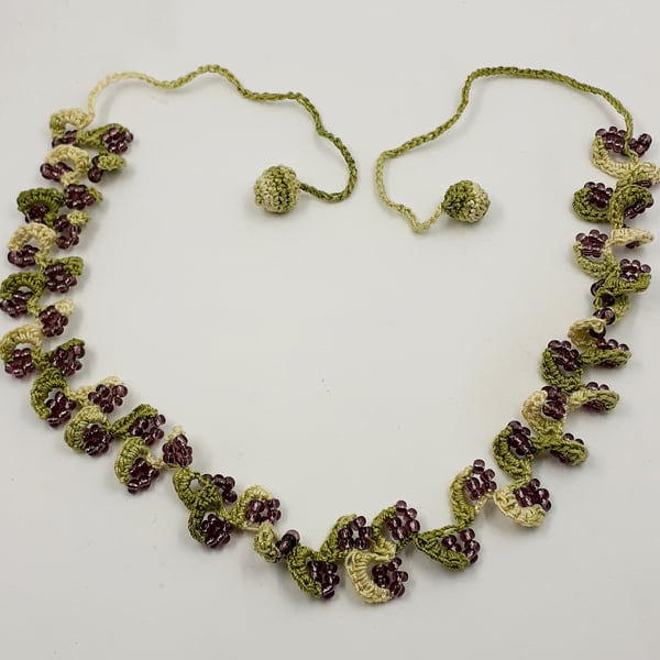 Crochet Cotton and Bead Necklace - Greens and Mauve