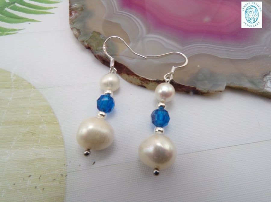 Pair of Silver Earrings. Freshwater Pearls & Czech Capri Blue Crystal Round Bead