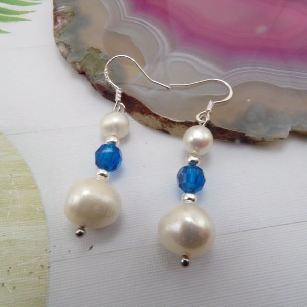 Pair of Silver Earrings. Freshwater Pearls & Czech Capri Blue Crystal Round Bead