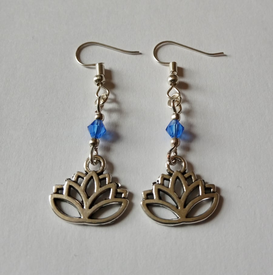Blue Crystal Lotus Flower Zen Tao Drop Dangle Earrings Silver Plate 