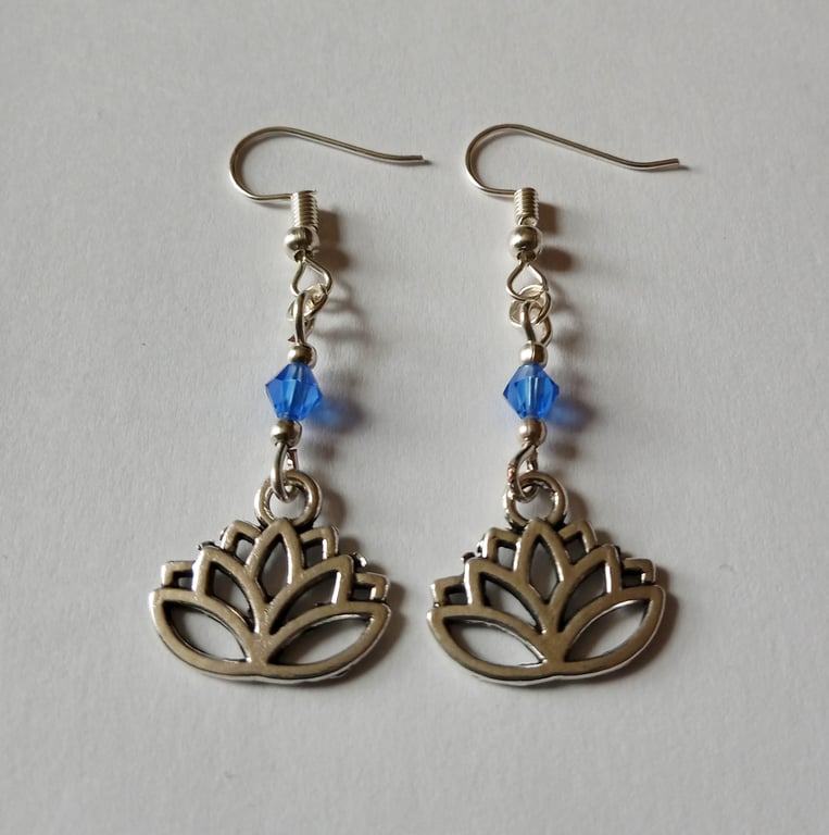 Blue Crystal Lotus Flower Zen Tao Drop Dangle Earrings Silver Plate 
