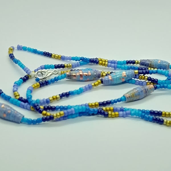 Long Summer Swirl Beaded Necklace in shades of blue with handmade paper beads