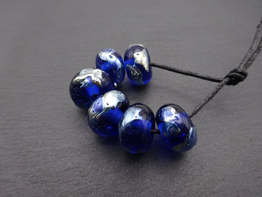 lampwork glass beads, blue and silver shards
