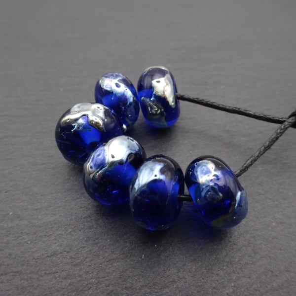 lampwork glass beads, blue and silver shards