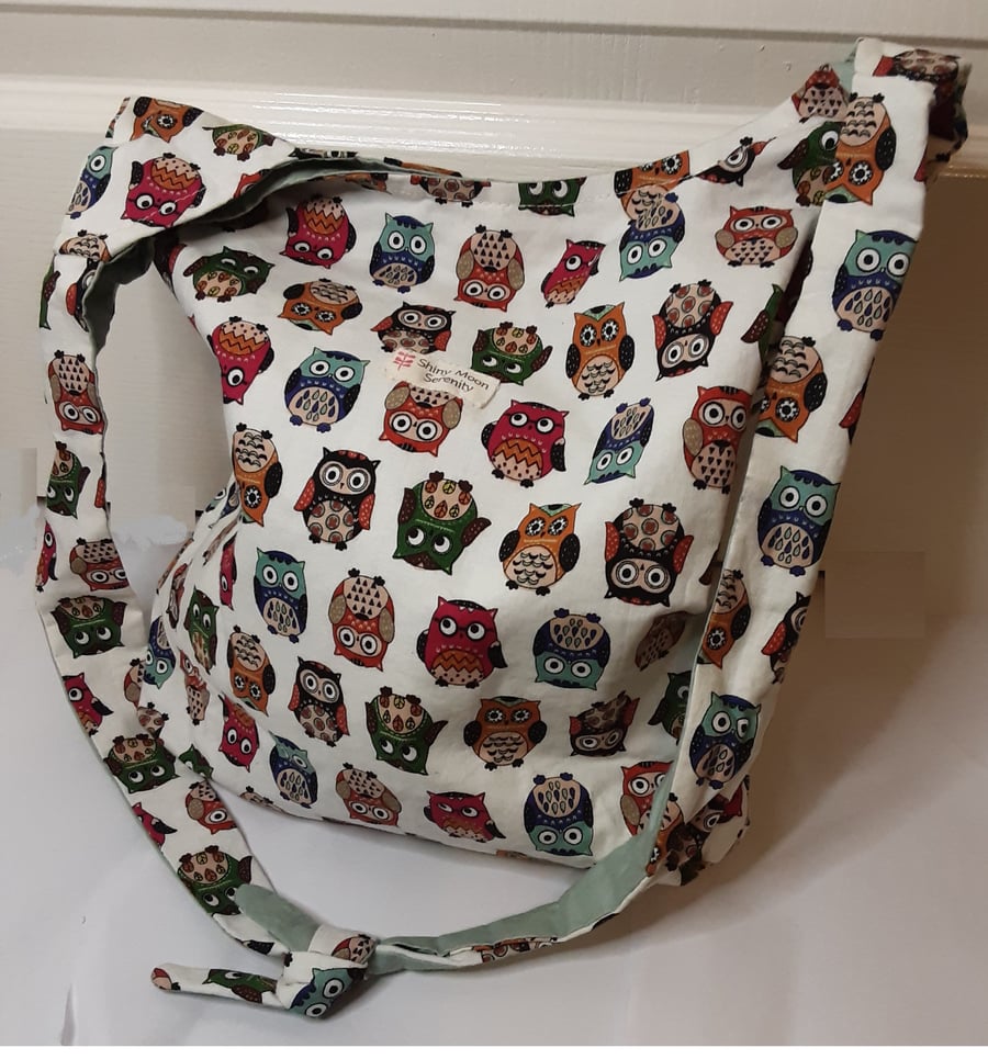  Owl Print Multi-Coloured Boho Tote Bag with tie handles