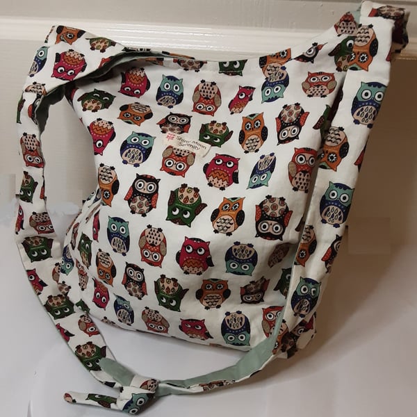  Owl Print Multi-Coloured Boho Tote Bag with tie handles