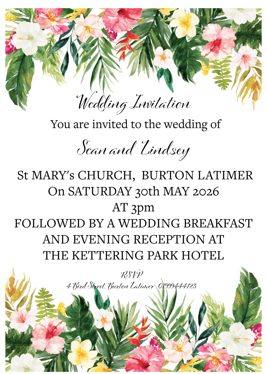 Tropical Wedding Invitation Set - Invite RSVP Details with Handmade Envelopes