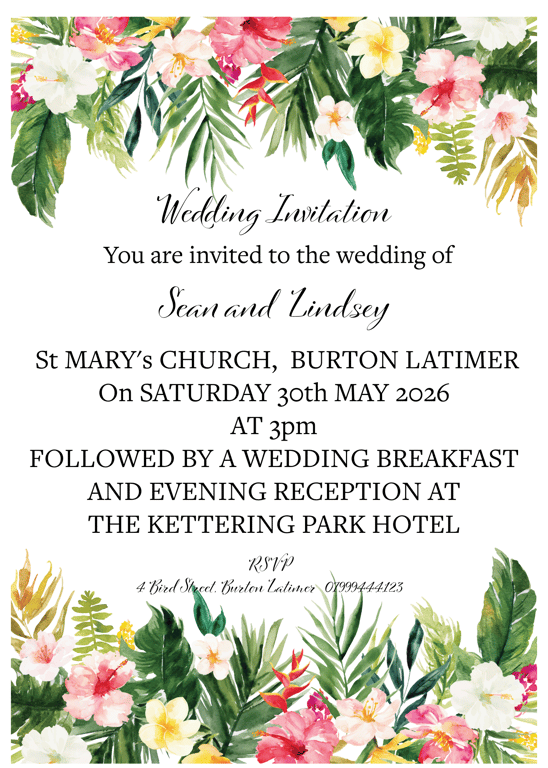 Tropical Wedding Invitation Set - Invite RSVP Details with Handmade Envelopes