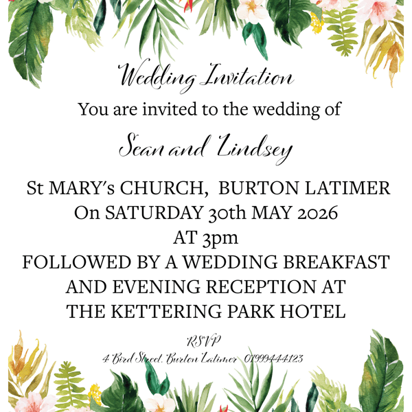 Tropical Wedding Invitation Set - Invite RSVP Details with Handmade Envelopes