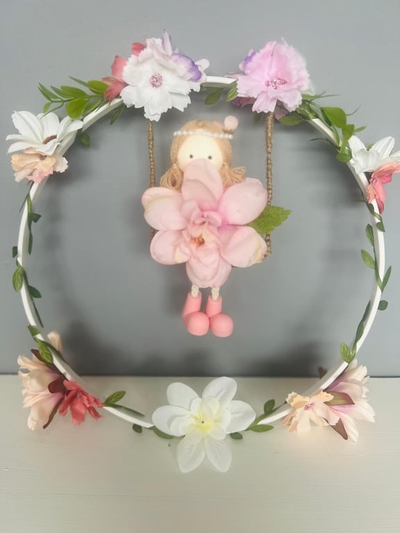 Lilly Fairy Nursery Wall Decor Floral Hoop Wall Art 26cm Matt White Handmade