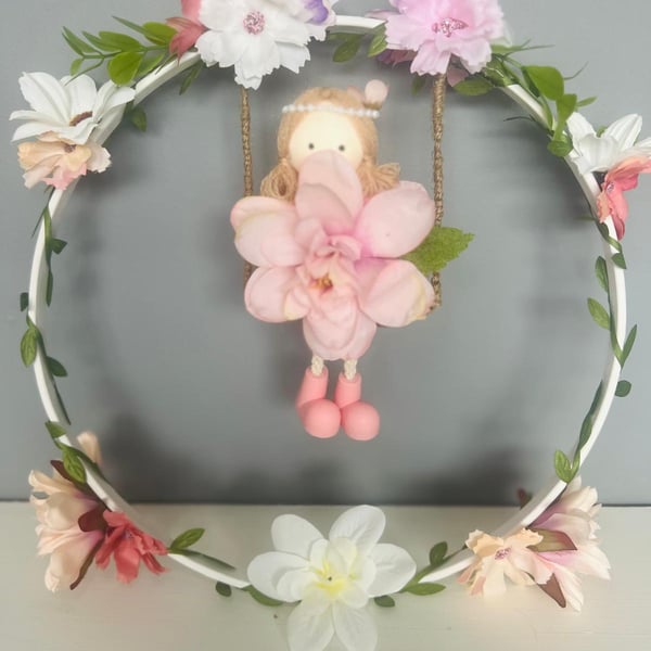 Lilly Fairy Nursery Wall Decor Floral Hoop Wall Art 26cm Matt White Handmade